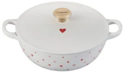 Le Creuset L' Amour Collection: Soup Pot, White W/ Heart Applique And Light Gold Knob