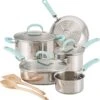 Rachael Ray Create Delicious Stainless Steel Cookware Set, 10-Piece Pots And Pans Set, Stainless Steel With Silicone Handles