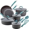 Rachael Ray Cucina Hard Anodized Nonstick Cookware Pots And Pans Set, 12 Piece, Gray With Blue Handles