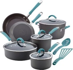Rachael Ray Cucina Hard Anodized Nonstick Cookware Pots And Pans Set, 12 Piece, Gray With Blue Handles